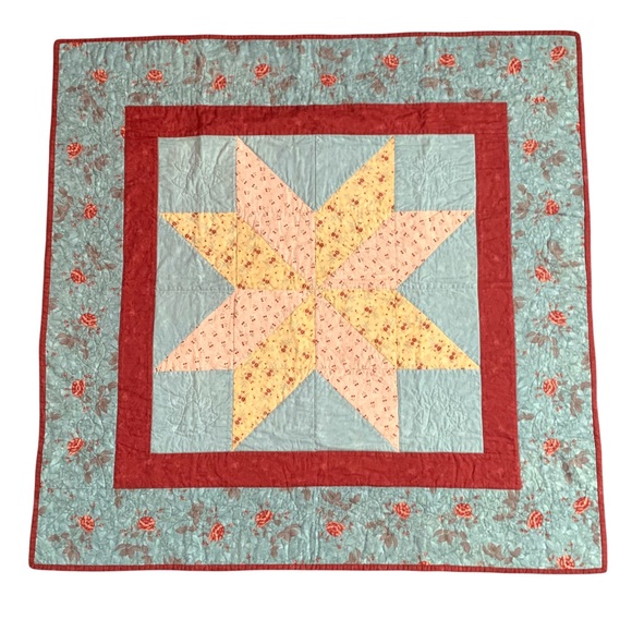 Vintage Other - Decorative Handmade Star Floral Steel Teal / Peach / Terra Cotta Quilt 40”x 40”